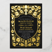 Zwart Zwaard Schild Middeleeuws Monogram Huwelijk Folie Uitnodiging (Voorkant)