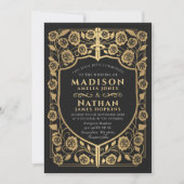 Zwart Zwaard Schild Middeleeuws Monogram Huwelijk Kaart (Voorkant)