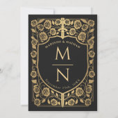 Zwart Zwaard Schild Middeleeuws Monogram Huwelijk Kaart (Achterkant)