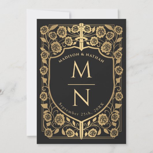 Zwart Zwaard Schild Middeleeuws Monogram Huwelijk Kaart (Achterkant)