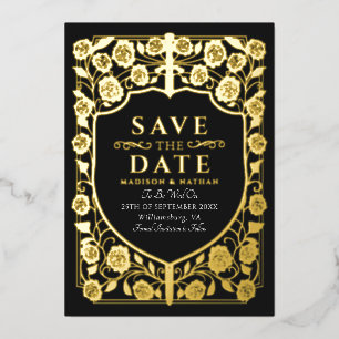 Zwart Zwaard Schild Middeleeuwse Monogram Save the Folie Uitnodiging
