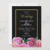 Zwart & Zwart Glitter & Roze Rozen Bruiloft Kaart (Voorkant)