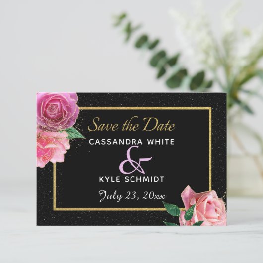 Zwart & Zwart Glitter & Roze Rozen Bruiloft Save The Date (Staand voorkant)