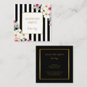 Zwart zwart goud en roze bloemen en stripes vierkante visitekaartje (Voorkant / Achterkant)