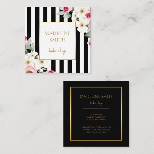 Zwart zwart goud en roze bloemen en stripes vierkante visitekaartje (Voorkant / Achterkant)