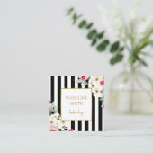Zwart zwart goud en roze bloemen en stripes vierkante visitekaartje (Staand voorkant)