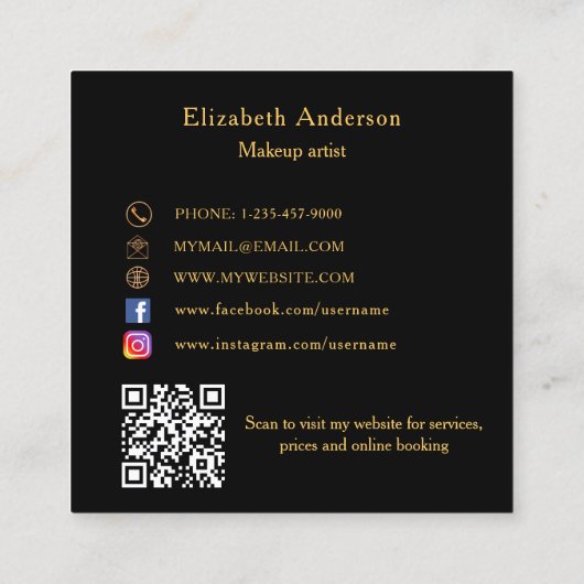 Zwart zwart goud QR-code elegant script Vierkante Visitekaartje (Achterkant)
