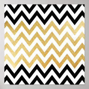 Zwart zwart goudfaux-bladchevron-patronen poster