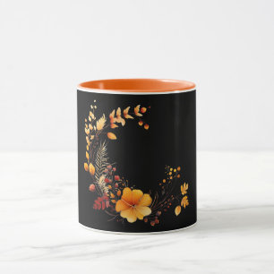 Zwart-zwart, helder oranje bloemmotief, mok