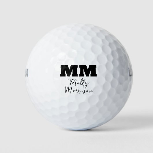 Zwart zwart kalligrafie monogram en naam golfballen (Voorkant)