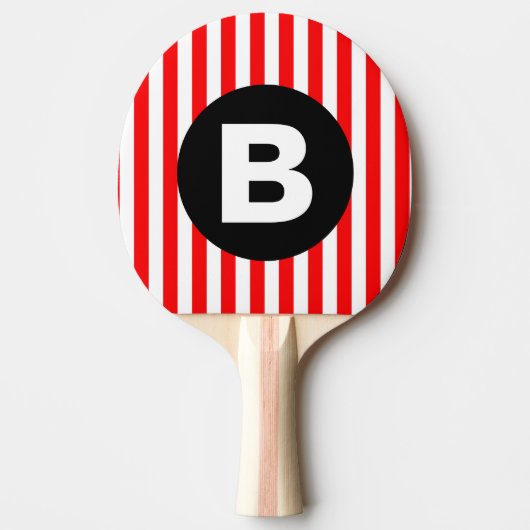 Zwart zwart monogram rode witte strepen tafeltennisbatje (Voorkant)