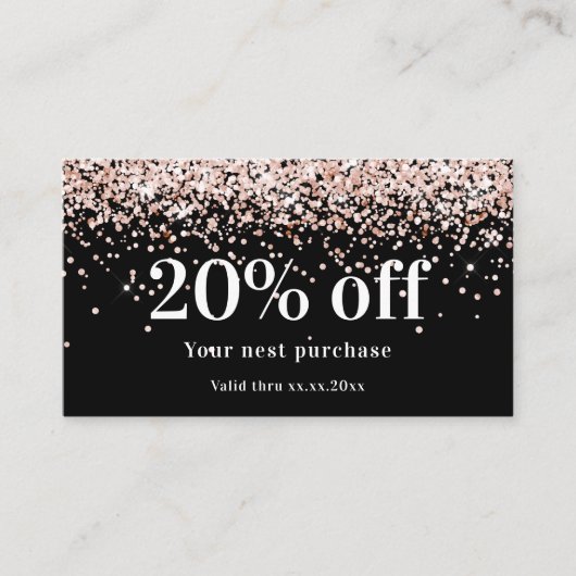 Zwart zwart roos goud qr code business kortingskaartje (Voorkant)