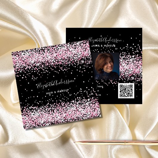 Zwart zwart roze glitter profiel foto qr code vierkante visitekaartje
