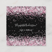 Zwart zwart roze glitter profiel foto qr code vierkante visitekaartje (Voorkant)