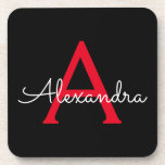 Zwart zwart script meisjesmonogram naam bier onderzetter<br><div class="desc">Zwart en rood Eenvoudig Script Monogram Naam Papieren Onderzetters. Dit maakt het perfecte afstuderen,  verjaardagscadeau,  bruiloft,  vrijgezellenfeest,  jubileum,  baby shower of vrijgezellenfeest cadeau voor iemand die houdt van glamoureuze en chique stijlen.</div>