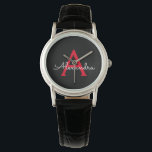 Zwart zwart script meisjesmonogram naam horloge<br><div class="desc">Zwart en Rood Eenvoudig Script Monogram Naam Watch. Dit maakt het perfecte afstuderen,  verjaardagscadeau,  bruiloft,  vrijgezellenfeest,  jubileum,  baby shower of vrijgezellenfeest cadeau voor iemand die houdt van glamoureuze en chique stijlen.</div>