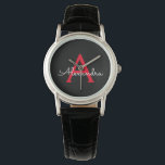 Zwart zwart script meisjesmonogram naam horloge<br><div class="desc">Zwart en Rood Eenvoudig Script Monogram Naam Watch. Dit maakt het perfecte afstuderen,  verjaardagscadeau,  bruiloft,  vrijgezellenfeest,  jubileum,  baby shower of vrijgezellenfeest cadeau voor iemand die houdt van glamoureuze en chique stijlen.</div>