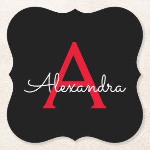 Zwart zwart script meisjesmonogram naam kartonnen onderzetters