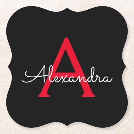 Zwart zwart script meisjesmonogram naam kartonnen onderzetters (Voorkant)