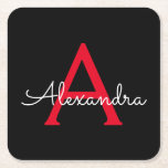 Zwart zwart script meisjesmonogram naam kartonnen onderzetters<br><div class="desc">Zwart en rood Eenvoudig Script Monogram Naam Papieren Onderzetters. Dit maakt het perfecte afstuderen,  verjaardagscadeau,  bruiloft,  vrijgezellenfeest,  jubileum,  baby shower of vrijgezellenfeest cadeau voor iemand die houdt van glamoureuze en chique stijlen.</div>
