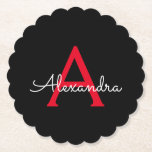 Zwart zwart script meisjesmonogram naam kartonnen onderzetters<br><div class="desc">Zwart en rood Eenvoudig Script Monogram Naam Papieren Onderzetters. Dit maakt het perfecte afstuderen,  verjaardagscadeau,  bruiloft,  vrijgezellenfeest,  jubileum,  baby shower of vrijgezellenfeest cadeau voor iemand die houdt van glamoureuze en chique stijlen.</div>