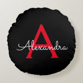 Zwart zwart script meisjesmonogram naam rond kussen (Voorkant)