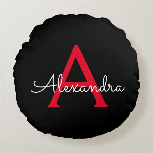 Zwart zwart script meisjesmonogram naam rond kussen (Voorkant)
