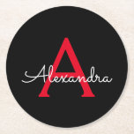 Zwart zwart script meisjesmonogram naam ronde kartonnen onderzetter<br><div class="desc">Zwart en rood Eenvoudig Script Monogram Naam Papieren Onderzetters. Dit maakt het perfecte afstuderen,  verjaardagscadeau,  bruiloft,  vrijgezellenfeest,  jubileum,  baby shower of vrijgezellenfeest cadeau voor iemand die houdt van glamoureuze en chique stijlen.</div>