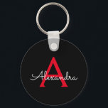 Zwart zwart script meisjesmonogram naam sleutelhanger<br><div class="desc">Zwart en rood Eenvoudig Script Monogram Naam Keychains (Sleutelhanger). Dit maakt het perfecte zoete 16-jarige verjaardagscadeau,  bruiloft,  vrijgezellenfeest,  jubileum,  baby shower of vrijgezellenfeest voor iemand die van glamoureuze luxe en chique stijlen houdt.</div>