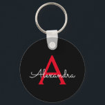 Zwart zwart script meisjesmonogram naam sleutelhanger<br><div class="desc">Zwart en rood Eenvoudig Script Monogram Naam Keychains (Sleutelhanger). Dit maakt het perfecte zoete 16-jarige verjaardagscadeau,  bruiloft,  vrijgezellenfeest,  jubileum,  baby shower of vrijgezellenfeest voor iemand die van glamoureuze luxe en chique stijlen houdt.</div>