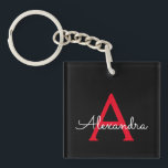 Zwart zwart script meisjesmonogram naam sleutelhanger<br><div class="desc">Zwart en rood Eenvoudig Script Monogram Naam Sleutelhanger. Dit maakt het perfecte zoete 16-jarige verjaardagscadeau,  bruiloft,  vrijgezellenfeest,  jubileum,  baby shower of vrijgezellenfeest voor iemand die van glamoureuze luxe en chique stijlen houdt.</div>