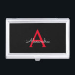 Zwart zwart script meisjesmonogram naam visitekaarthouder<br><div class="desc">Zwart en rood Eenvoudig Script Monogram Naam visitekaarthouder. Dit maakt het perfecte zoete 16-jarige verjaardagscadeau,  bruiloft,  vrijgezellenfeest,  jubileum,  baby shower of vrijgezellenfeest voor iemand die van glamoureuze luxe en chique stijlen houdt.</div>