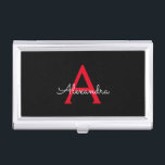Zwart zwart script meisjesmonogram naam visitekaarthouder<br><div class="desc">Zwart en rood Eenvoudig Script Monogram Naam visitekaarthouder. Dit maakt het perfecte zoete 16-jarige verjaardagscadeau,  bruiloft,  vrijgezellenfeest,  jubileum,  baby shower of vrijgezellenfeest voor iemand die van glamoureuze luxe en chique stijlen houdt.</div>