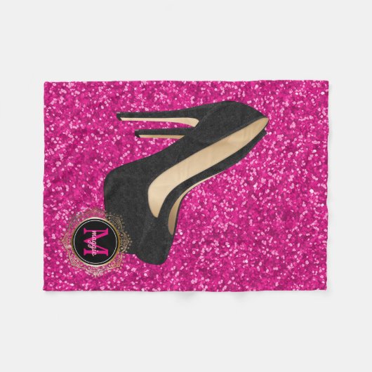 Zwart zwart warm roze monogram | Glitter op hoog n Fleece Deken (Voorkant (Horizontaal))