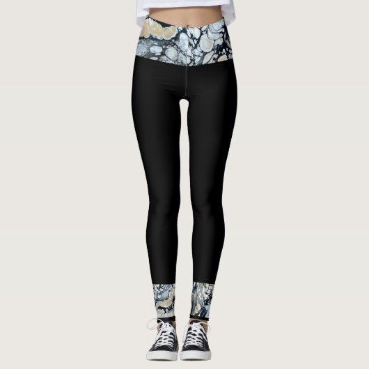 Zwart/Zwart Wit Abstract Taille Enkelrand Leggings (Voorkant)