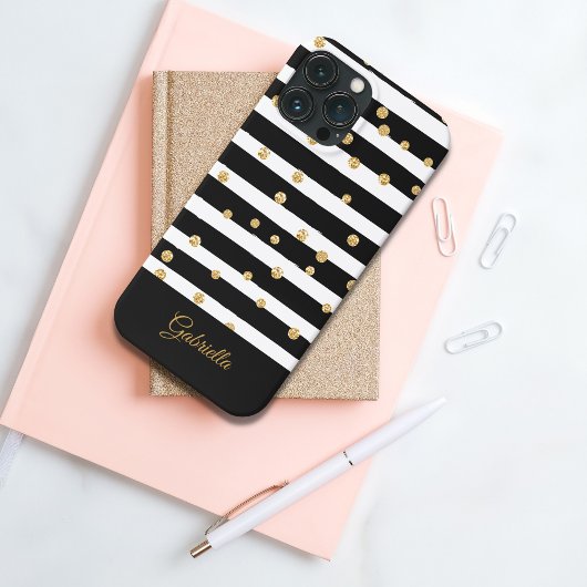 Zwart zwart wit Faux Gold Stripe Patroon Case-Mate iPhone Case