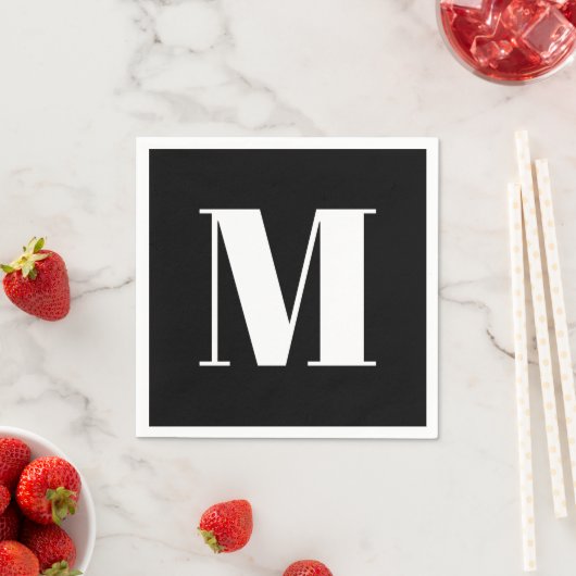 Zwart zwart-wit monogram initiaal aanpassen servet (Insitu)