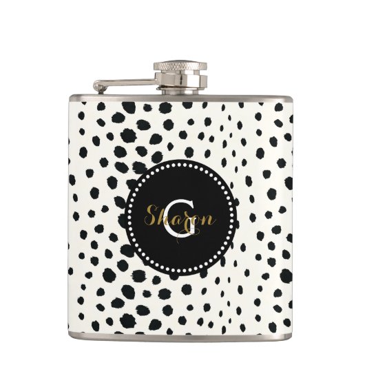 Zwart zwart-witte cheetah pratonmonogram heupfles (Voorkant)