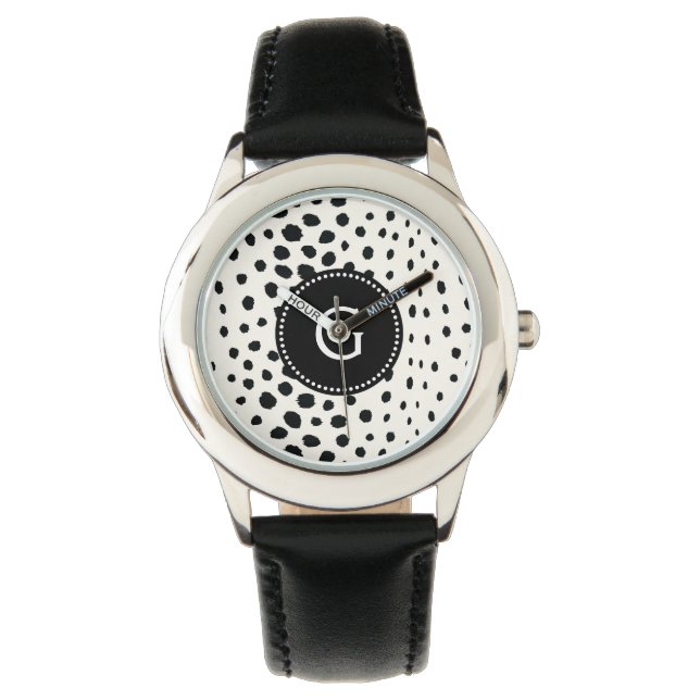 Zwart zwart-witte cheetah pratonmonogram horloge (Voorkant)