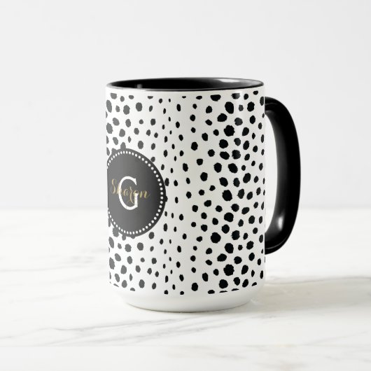 Zwart zwart-witte cheetah pratonmonogram mok (Voorkant rechts)