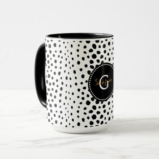 Zwart zwart-witte cheetah pratonmonogram mok (Voorkant links)