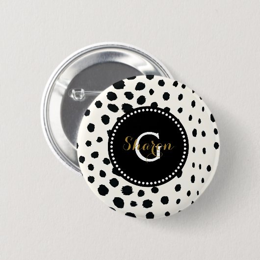 Zwart zwart-witte cheetah pratonmonogram ronde button 5,7 cm (Voorkant /achterkant)