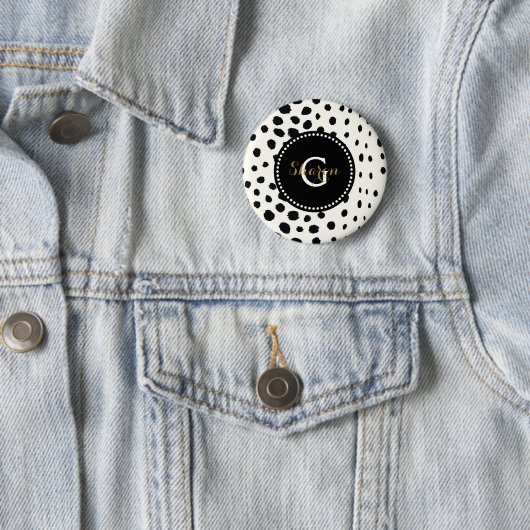Zwart zwart-witte cheetah pratonmonogram ronde button 5,7 cm (In situ)