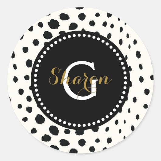 Zwart zwart-witte cheetah pratonmonogram ronde sticker (Voorkant)