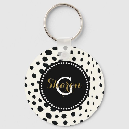 Zwart zwart-witte cheetah pratonmonogram sleutelhanger (Voorkant)