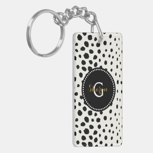 Zwart zwart-witte cheetah pratonmonogram sleutelhanger (Voorkant Links)