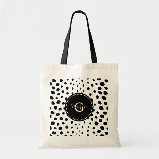 Zwart zwart-witte cheetah pratonmonogram tote bag (Voorkant)