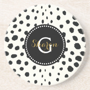 Zwart zwart-witte cheetah pratonmonogram zandsteen onderzetter