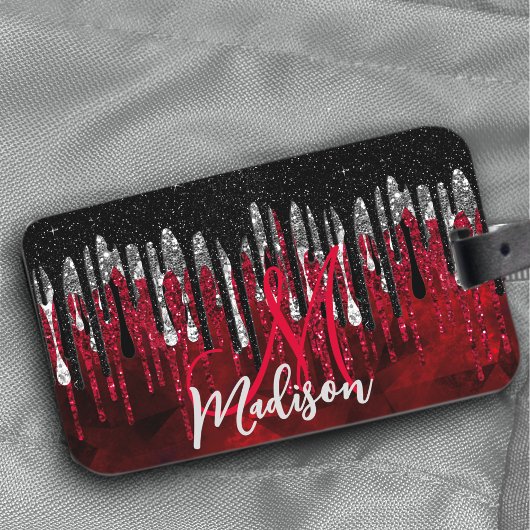 Zwart zwart zilverglitter druppelt monogram bagagelabel