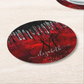 Zwart zwart zilverglitter druppelt monogram papier ronde kartonnen onderzetter (Gebogen)